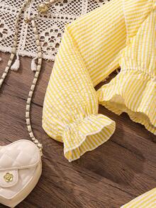 Left Mama 女童优雅甜美盖袖黄色格子上衣和裙子两件套，春秋