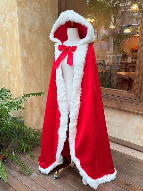 1pc Women's Thick Red Hooded Cloak Cape, Stage Performance Wedding Dress Outerwear, Long Hooded Shawl With White Fur Trim