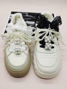 4pcs/6pcs Black & White Lace Shoelaces Decor, Y2K Style Faux Pearl Bow Flower Shoe Charms, Silver Resin Shoelace Clips DIY Accessories For Women's Sneakers, Boots, Suitable For Christmas, Halloween, Valentine's Day, Birthday, Holiday Party (Shoes Not Included) - Multicolor - View 3