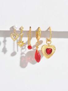 5pcs/Set Sparkling Red Zirconia Heart Shaped Earrings, Earrings, Ear Clips, Fashion Jewelry Set For Women, Suitable For Party, Holiday, Date Or Wedding