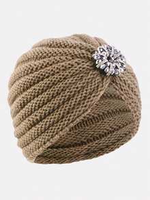 1 Stück Damen Herbst/Winter Silber Strass verzierte Bohemien Stil gestrickte Beanie Mütze, geeignet für den täglichen Gebrauch