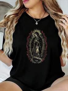 Playeras de hombre Virgen María con halo y rosas Sudaderas Para Hombre camisas de hombre Disfraz Halloween Hombre Ícono religioso de la Virgen María con halo y rosas - Negro - Ver 1