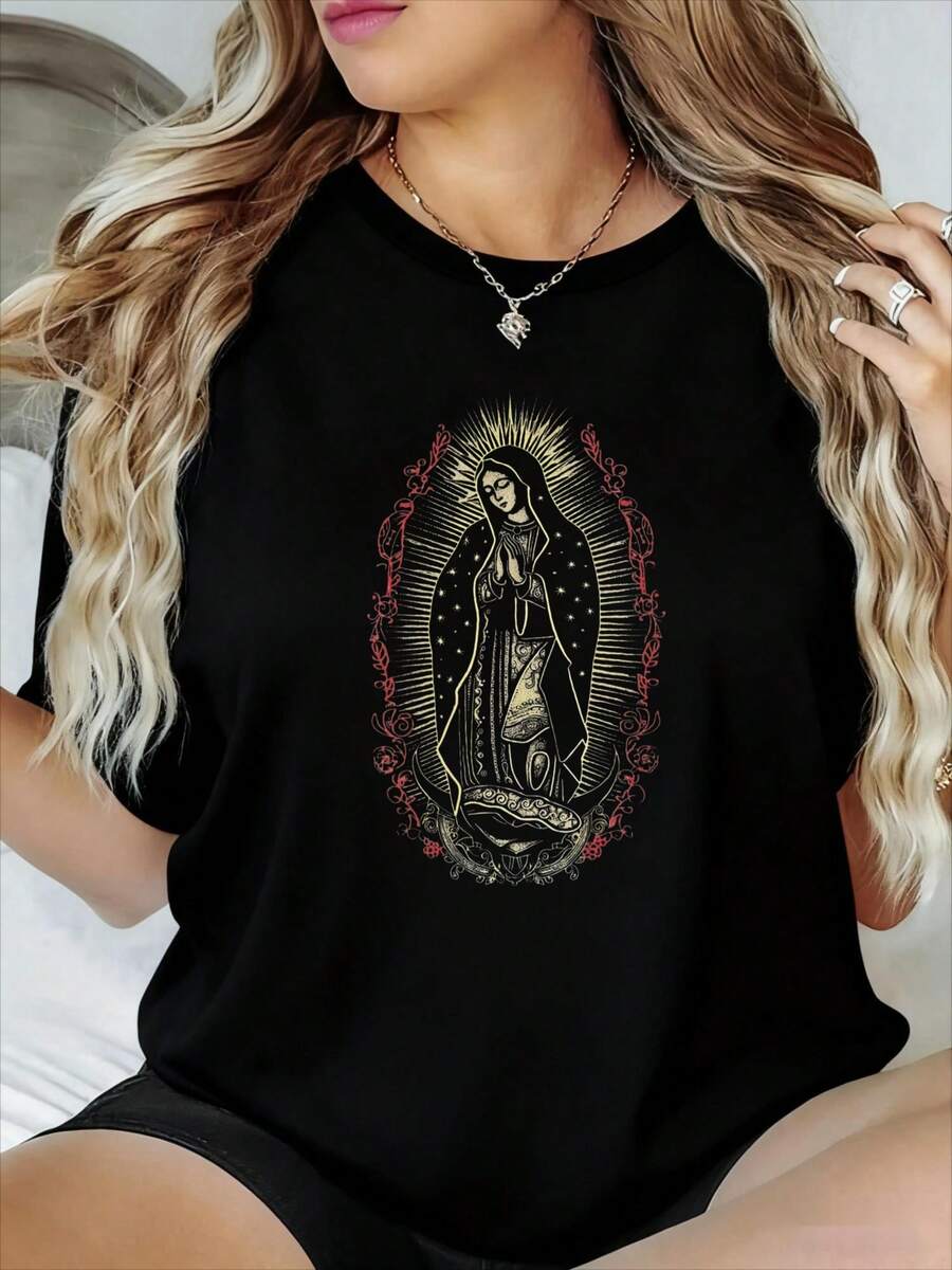 Playeras de hombre Virgen María con halo y rosas Sudaderas Para Hombre camisas de hombre Disfraz Halloween Hombre Ícono religioso de la Virgen María con halo y rosas - Negro - Ver 1