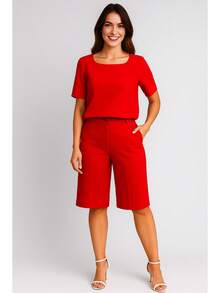 Elegant Women's Set With Blouse And Bermuda Shorts In Sensory Fabric - Red - View 1