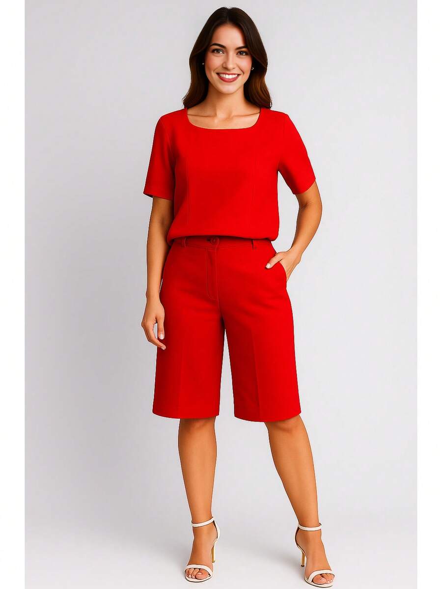 Elegant Women's Set With Blouse And Bermuda Shorts In Sensory Fabric - Red - View 1