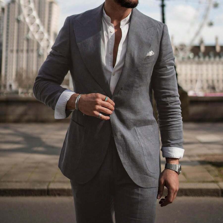 Costumes For Men New Men's Plus Size Two-Piece Suit Set Single-Button Linen Solid Color Suit - 深灰色 - 查看 1
