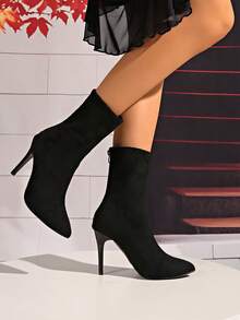 女士时尚尖头踝靴，黑色仿麂皮拉链后高跟，舒适温暖内衬，时尚性感优雅靴子，秋冬 - 黑色 - 查看 4