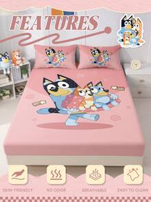 1pc Bluey Cartoon Digital Print Fitted Sheet, Bluey Bedding, Mattress Protector, Bed Cover, Fitted Sheet, Comfortable Home Textile, Warm-Toned Fitted Sheet, Bluey And Rainbow Pattern, Breathable Anti-Pilling Mattress Protector, Soft And Skin-Friendly, Cartoon Pattern Bed Cover, Bluey Home Decor - Pink - View 5
