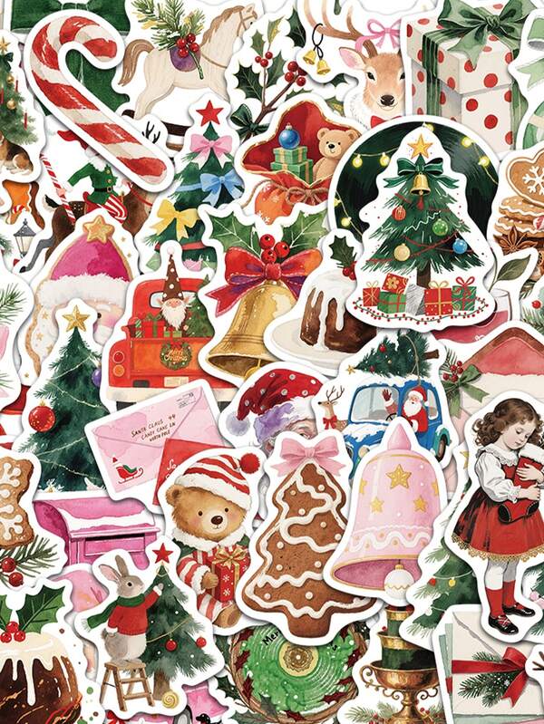 Set de 50 pegatinas estéticas de Navidad con diseños de dibujos animados, pegatinas decorativas DIY para equipaje, cuaderno, portátil, botella de agua, guitarra, teléfono, papelería