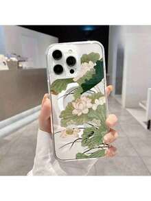 Funda de teléfono móvil con anillo magnético de acrílico transparente de gran agujero con patrón de loto para iPhone 16 15 14 13 12 Pro Max 16 15 14 , funda dura compatible con carga inalámbrica - transparente - Ver 4