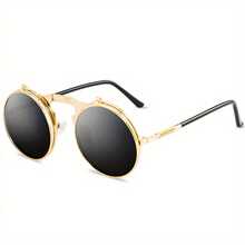 1 Piece Steampunk Flip Round Metal Frame Fashion Glasses Unisex - Vintage Gold Tone, Decorative Lenses, Durable Hinge, Casual Style Suitable Daily Wear, Fashion Accessories| Steampunk Glasses| Metal Frame Glasses - đen đỏ - Xem 3