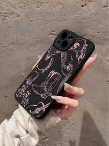 1pc Western Style Line Art Horse, Cow Bone, Guitar Pattern Black Cat Eye Full Coverage Phone Case Compatible With Iphone 11/12/13/14/15/16 Pro Max