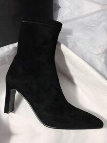 秋冬经典修身短靴 - 永不过时的麂皮高跟弹力靴筒粗跟踝靴 - 黑色 - 查看 4