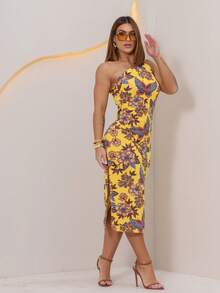 Long Printed One Shoulder Dress - 多彩黃色 - 查看 2