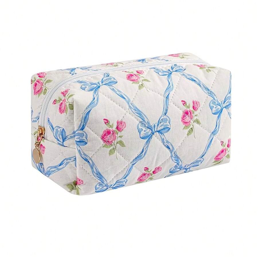 Makeup Bag Travel Cosmetic Bag For Women Girls, Zipper Make Up Pouch, Floral Flowers Toiletry Organizer Makeup, Portable Storage Bag, Cosmetic Travel Cloth Bag (Blue Bowknot/Gold Zipper){"Color_name":"A5BlueBowknot/GoldZipper"} - A5藍色蝴蝶結/金色拉鍊 - 查看 1