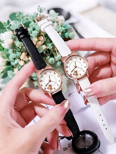 Women's Cute Cat Watch, Fashionable And Fresh Dial, Simple And Exquisite Leather Strap, Fashionable Student Quartz Watch, Suitable For Daily And Holiday Wear, The Most Ideal Gift Quartz Watch.