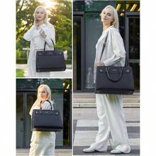 Laptop Bag Women 15.6 Inch Work Tote, Business Computer Briefcase, Waterproof PU Leather Tote Bag Teacher, Office Shoulder Tote Purse - 15.6吋+黑色 - 查看 2