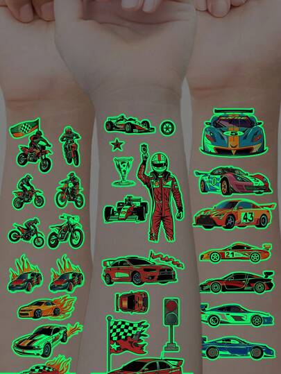 10张/包彩色卡通赛车临时纹身贴纸，防水防汗，一次性使用，适用于儿童面部、手臂、腰部、胸部、腿部、腹部、颈部、手部、手指、背部，可用于派对、舞台表演、儿童节、现代人体彩绘等场合。