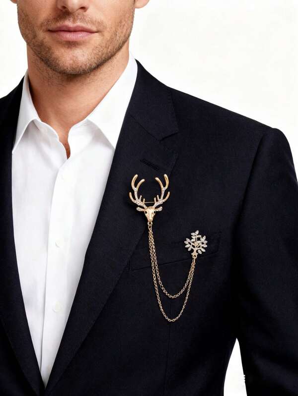 1pc Elegant Men's Business Brooch, Christmas Gift. Deer Head & Tree Decor Chain Brooch, Suit Accessory