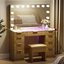 VOWNER 43.3" Fluted Makeup Vanity WIth Large Lighted Mirror, Vanity Table With Glass Top & Power Outlet,  3 Color Light Modes, 9 Drawers For Storage, Bedroom Dresser With Stool For Girls Women, Gifts For Christmas - 查看 2