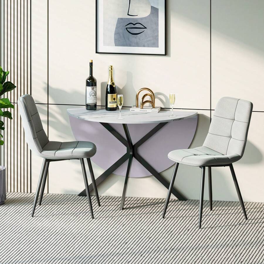 Jooli H Folding Dining Table And Chairs Set Of 2, Easy Clean Round Dining Table With Padded Chairs Durable Dining Furniture Set Suitable For Dining Room And Kitchen, White Marble Table With Linen Grey Chairs
