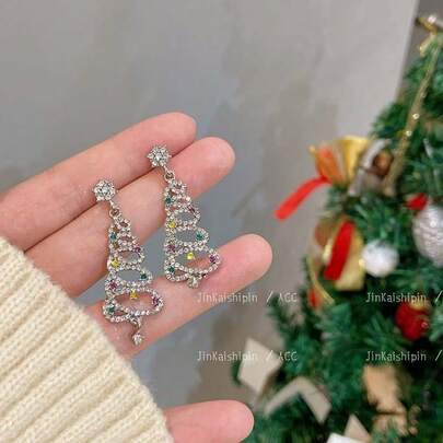 1 par de pendientes de árbol de Navidad con rhinestones de lujo, versátiles y estilizadores del rostro, adecuados para que las mujeres los usen durante la Navidad