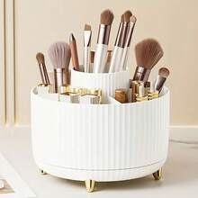 [1pc Rotating Makeup Box] 360° Rotating Makeup Organizer – 5-Compartment Brush Storage Box | Large Capacity Desktop Organizer For Cosmetics, Lipsticks & Pens (Fall 2025 Upgraded) - White - View 1
