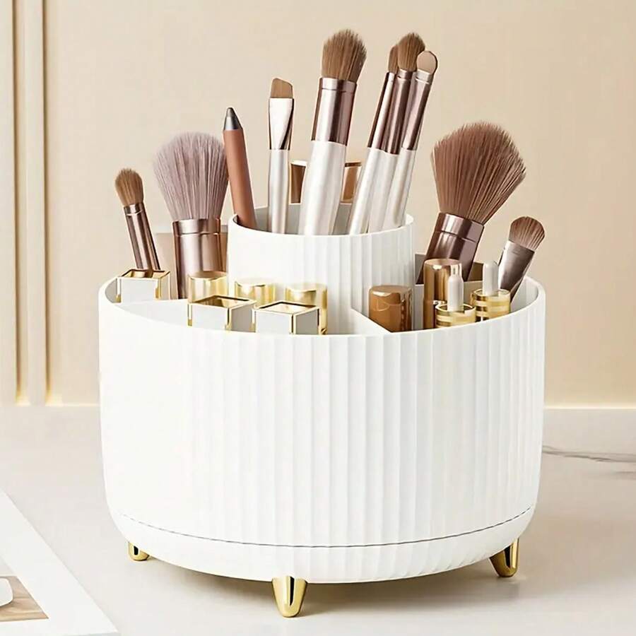 [1pc Rotating Makeup Box] 360° Rotating Makeup Organizer – 5-Compartment Brush Storage Box | Large Capacity Desktop Organizer For Cosmetics, Lipsticks & Pens (Fall 2025 Upgraded) - White - View 1