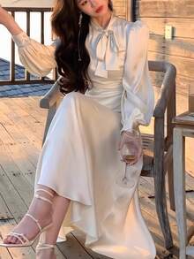 时尚新款女士优雅派对礼服缎面复古纯色别致舞会晚礼服 - 杏色 - 查看 1