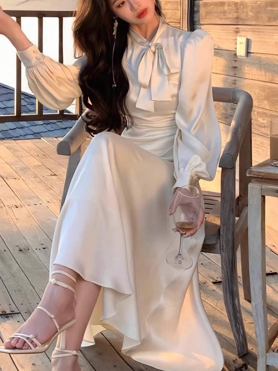 时尚新款女士优雅派对礼服缎面复古纯色别致舞会晚礼服 - 杏色 - 查看 1