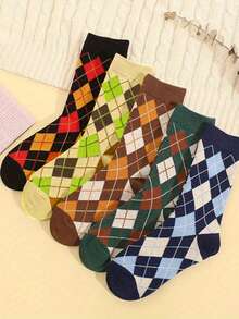5 Pairs Vintage British Style Men's Crew Socks, Diamond Pattern Dress Socks, Fall - Multicolor - View 7