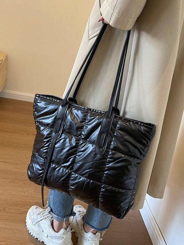 1pc Autumn/Winter Large Capacity Quilted Women Tote Bag, Solid Color Design With Shiny Finish, Suitable For Commuting, School, Shopping