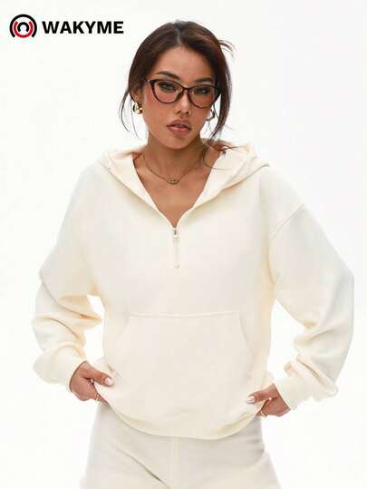 WAKYME Oversized Half-Zip Sweatshirt With Pockets, Loose Fit, Women Casual Pullover Sweatshirt For Autumn/Winter