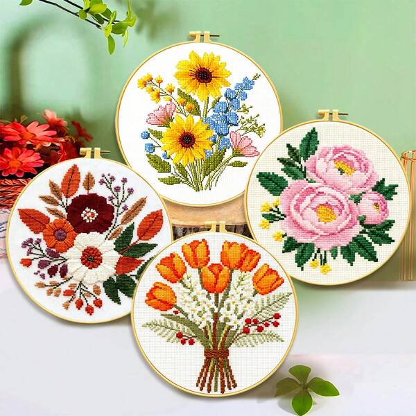 1 Set Floral Cross Stitch Kit, Includes Peony, Tulip, Daisy Patterns, 11CT For Beginners, With Embroidery Frame, Scissors, Threader, Ripper, Fabric, Thread, Home Decor Creative Gift