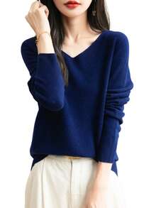 Women's 100% Merino Wool V-Neck Long Sleeve Knit Sweater, Warm And Soft Pullover Top For Autumn/Winter - Navy Blue - View 6
