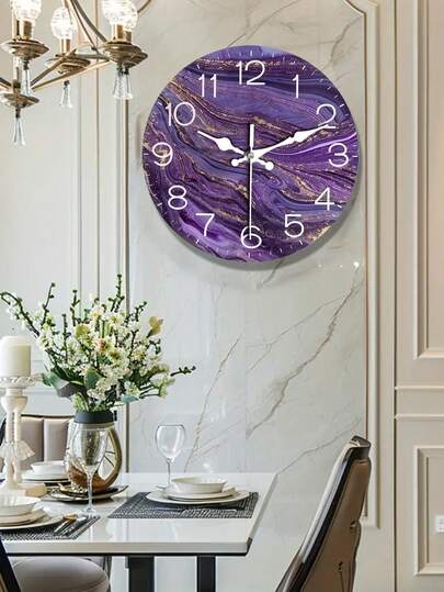 [Popular Choice] 1pc Abstract Violet Golden Texture Wand Clock, 12 Inch Wooden Round ative Timepiece Living Room, Bedroom, Office Battery Operated (AA Not Included), Easy To Read Moderne Home No Border