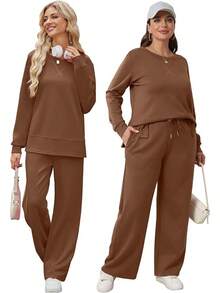 OFEEFAN Women's 2 Piece Lounge Set Travel Airport Outfits Side Slit Tracksuit Wide Leg Loungewear Baggy Comfy Sweatsuit S-3XL - màu nâu - Xem 5