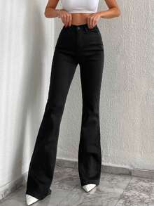 Damen High-Waist Jeans mit 3 Knöpfen und Skinny Leg, einfarbig mit Tasche und Reißverschluss-Knopf