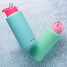 Reusable 1 Litre Stainless Steel Double Wall Water Bottle With Flip Top Lid And Straw Pink Blue