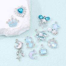 10/20pcs Random Blue Tone Ocean Colored Rhinestone Cross & Heart Shaped Pendant DIY Necklace Bracelet Jewelry Gift For Women