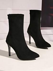 女士时尚尖头踝靴，黑色仿麂皮拉链后高跟，舒适温暖内衬，时尚性感优雅靴子，秋冬 - 黑色 - 查看 1