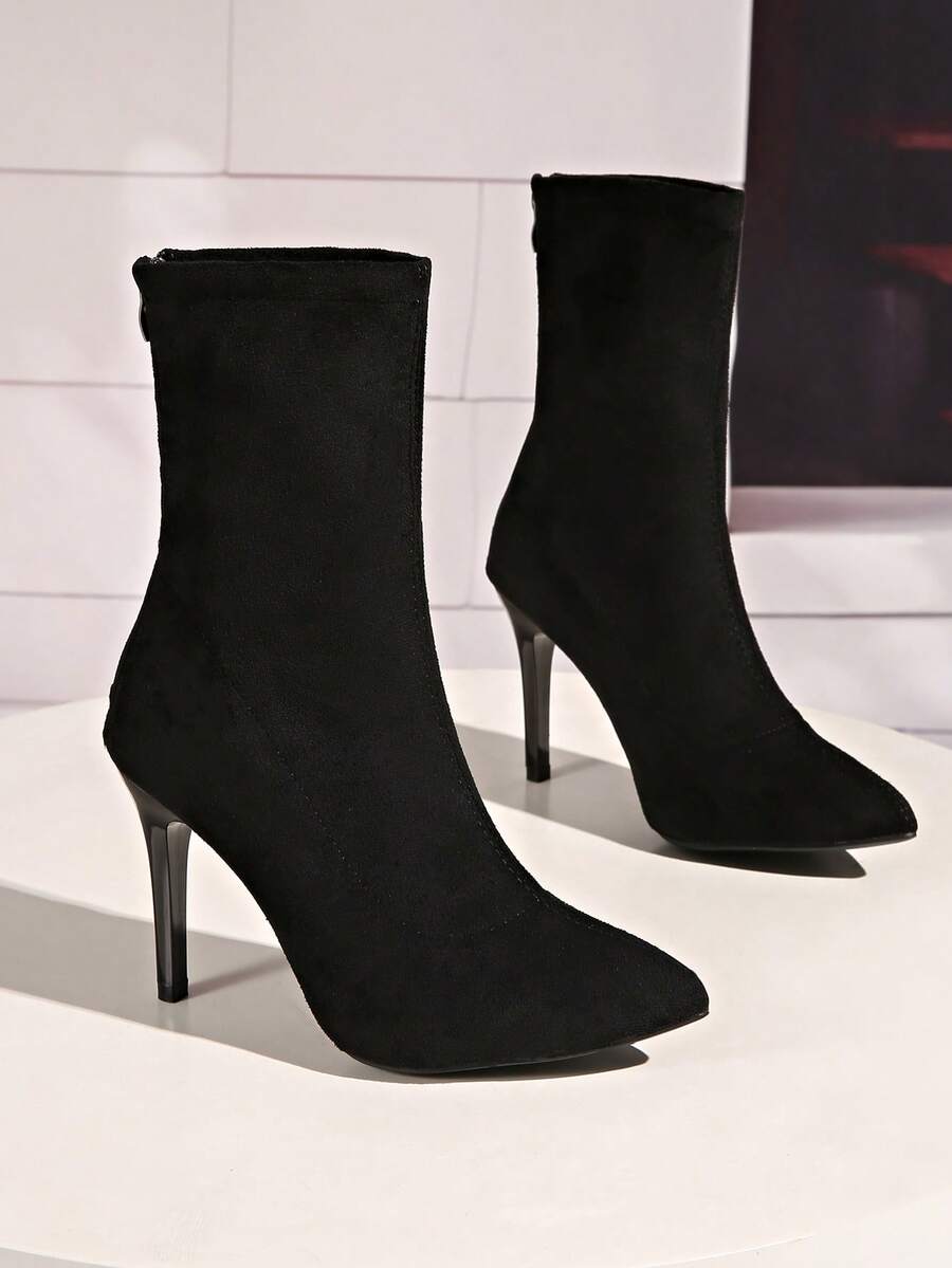 女士时尚尖头踝靴，黑色仿麂皮拉链后高跟，舒适温暖内衬，时尚性感优雅靴子，秋冬 - 黑色 - 查看 1
