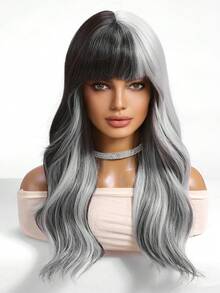 22 Inch Two-Tone Color Black And White Medium-Length Curly Wave Wig With Bangs Layered Wig Synthetic Heat Resistant Wig For Women Soft Easy-Care Suitable For Daily Work Party Festival Holiday Everyday Wear Perfect Festivals Gift For Ladies - Hai tông màu - Xem 3