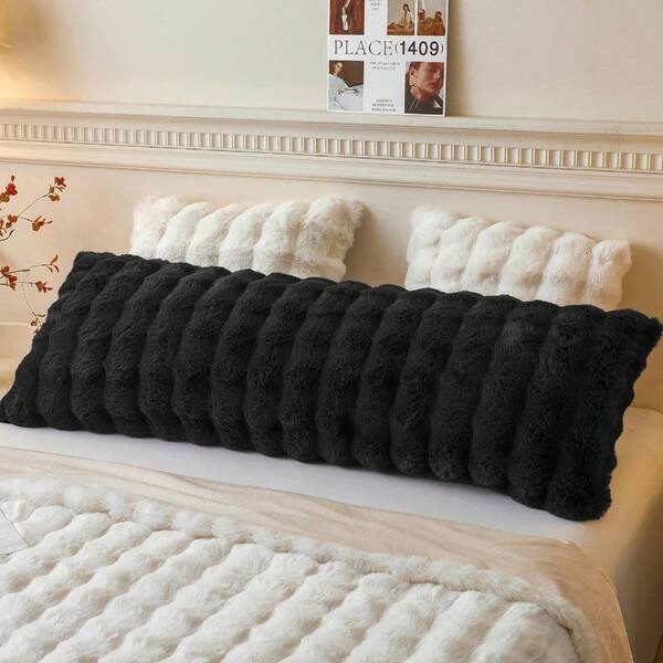 Fluffy Faux Rabbit Fur Body Pillow Cover Luxury Bubble Waffle Shaggy Plush Bed Body Pillowcase With Zipper Closure Long 20"X54" Fuzzy Furry Pillow Case For Adults Girls Teens Black