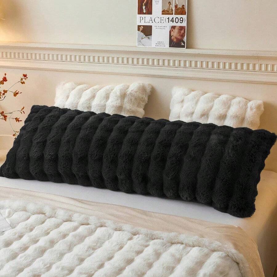 Fluffy Faux Rabbit Fur Body Pillow Cover Luxury Bubble Waffle Shaggy Plush Bed Body Pillowcase With Zipper Closure Long 20"X54" Fuzzy Furry Pillow Case For Adults Girls Teens Black