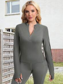 1 قطعة جاكيت نصف سحاب مع جيب للنساء للرياضة الخارجية، بتصميم جيب سحاب خلفي وقصير بأكمام طويلة مع فتحة للإبهام، مناسب للتمارين الخارجية والجري والدراجات والرياضات المختلفة