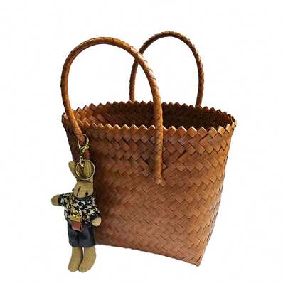 1 pieza Cesta de tote con aspecto de ratán tejida a mano de PP, de estilo natural minimalista marrón, multifuncional (incluye decoración colgante)