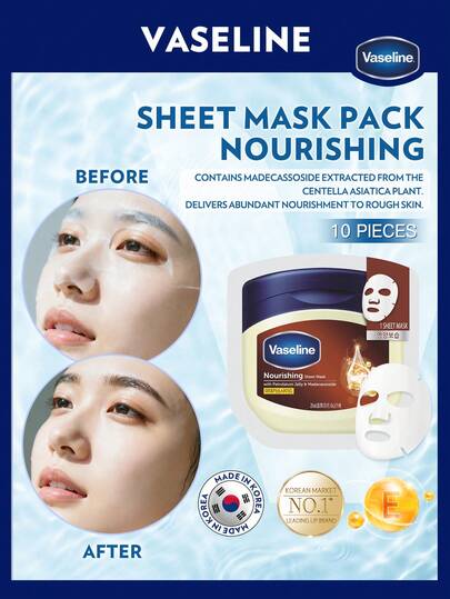 Vaseline [23ml X 10 Hojas] | Bendiciones de Ramadán | Brillo radiante después de Eid | Máscara reparadora que contiene ceramida y gel de vaselina | Cuidado de la barrera de piel sensible y seca | Máscara nutritiva intensiva | Cuidado de la piel coreano | Hecho en Corea