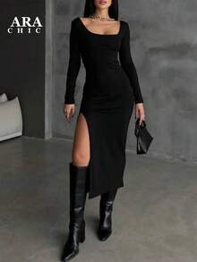 ARA CHIC 女士黑色性感高开衩长袖连衣裙 - 修身剪裁，时尚性感风格，紧身连衣裙，夜店装，冬季新品系列 - 黑色 - 查看 9