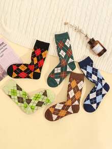 5 Pairs Vintage British Style Men's Crew Socks, Diamond Pattern Dress Socks, Fall - Multicolor - View 6